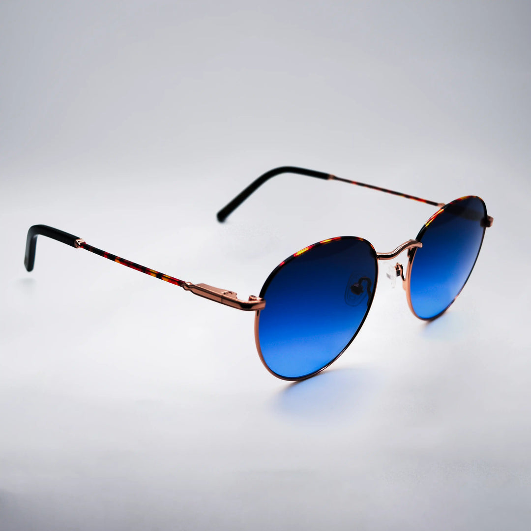 Tiger Sunglasses with blue lens color with white background, side view #desktop-half for half-width