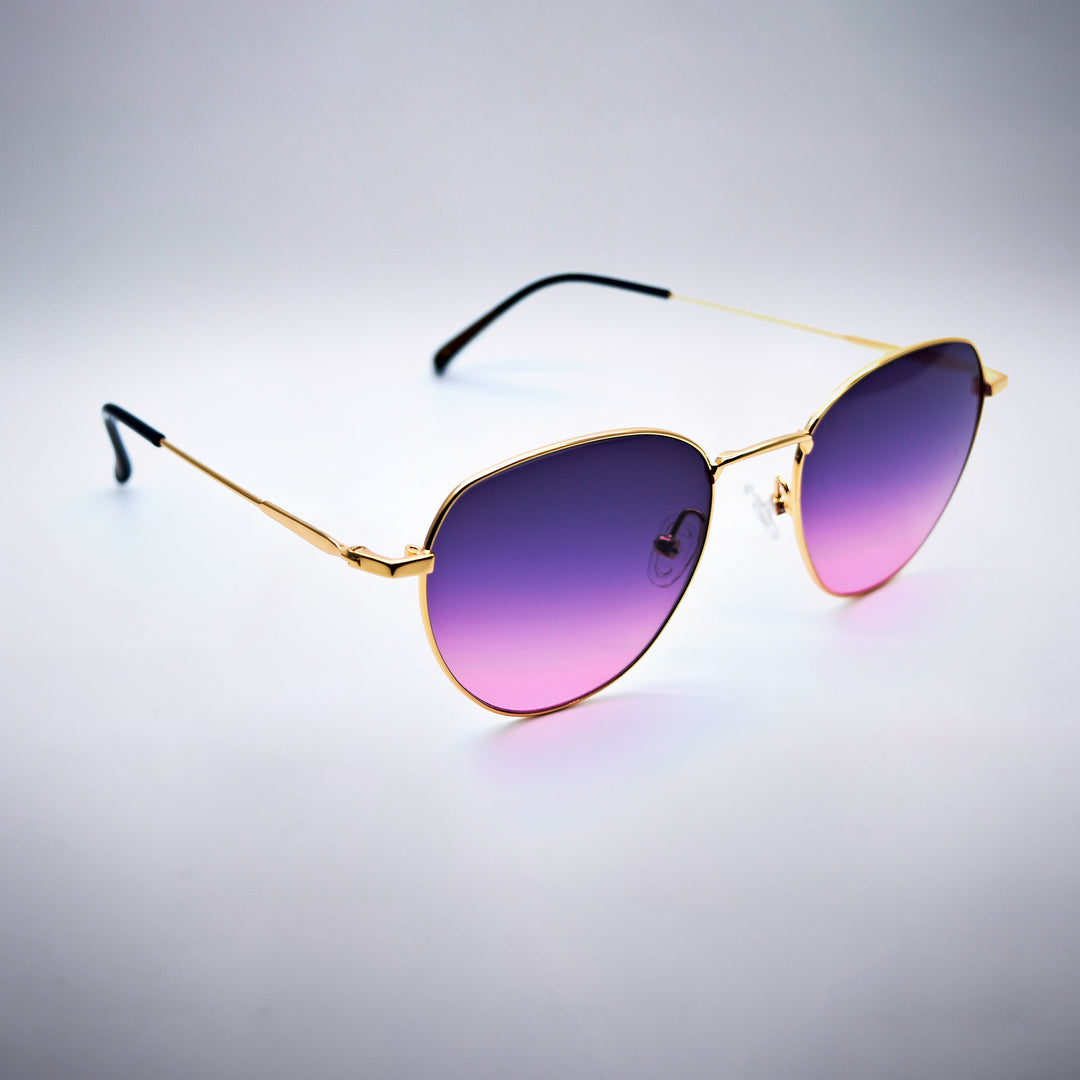 Geometric sunglasses side view with gold colored frame in white background #desktop-half for half-width